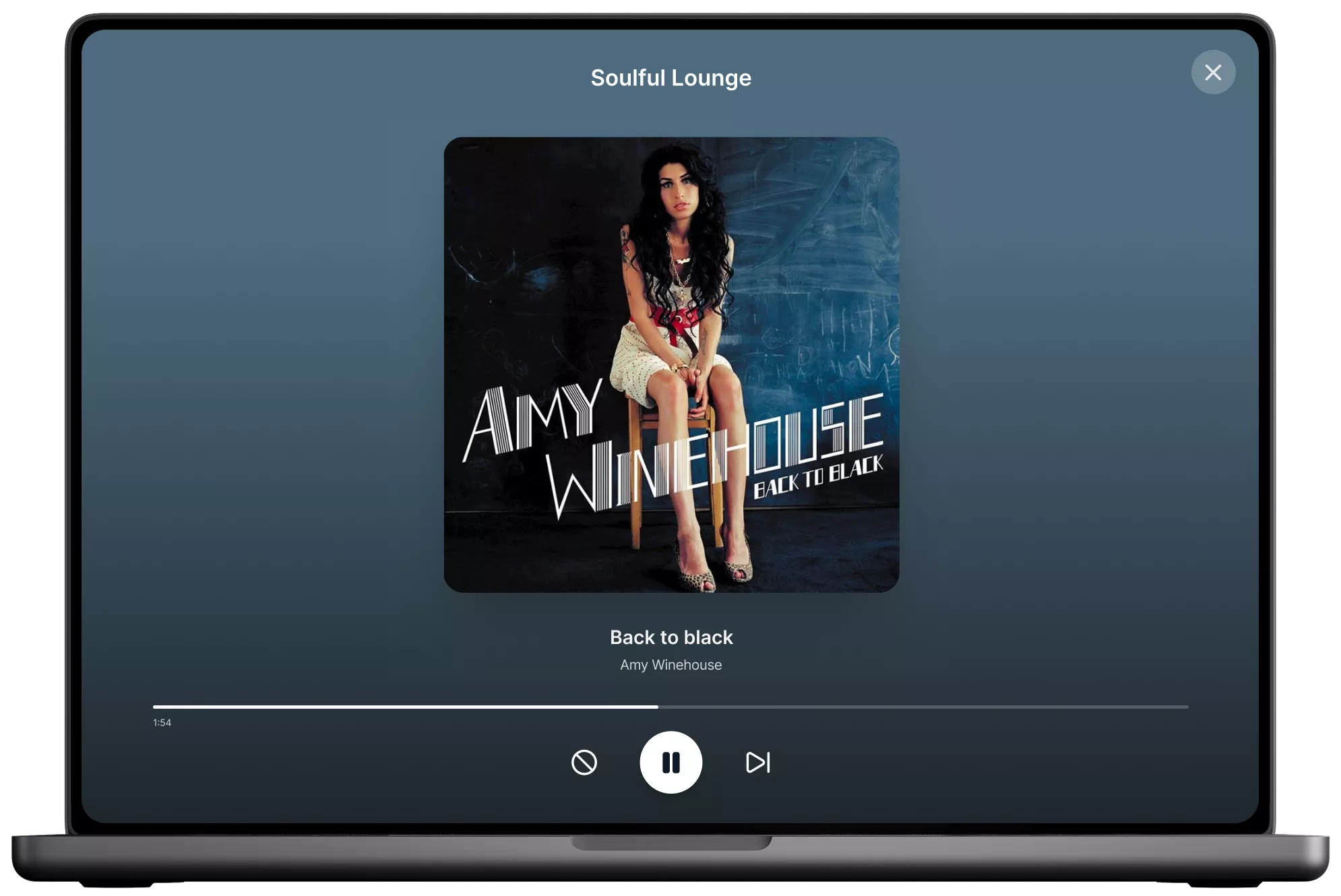 Soundsuit desktop app on MacBook — Soulful Lounge station playing Amy Winehouse