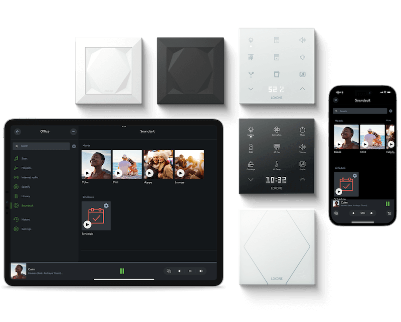 Loxone hardware controls and app interface for audio management